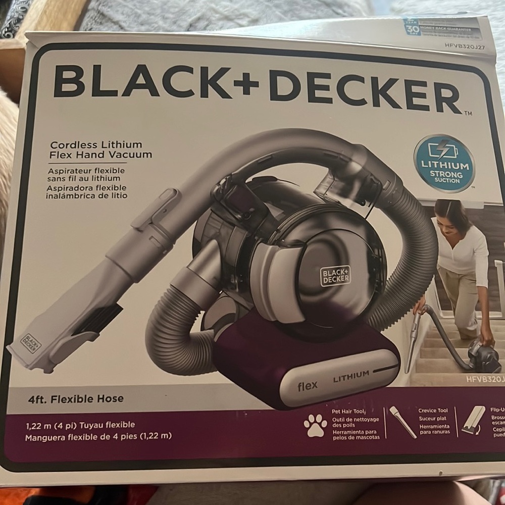Black +Decker cordless lithium flex hand vacuum.